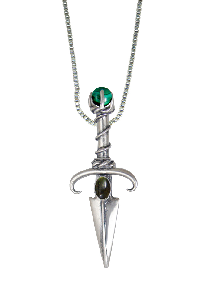 Sterling Silver Black Prince's Knife Dagger Pendant With Spectrolite And Malachite